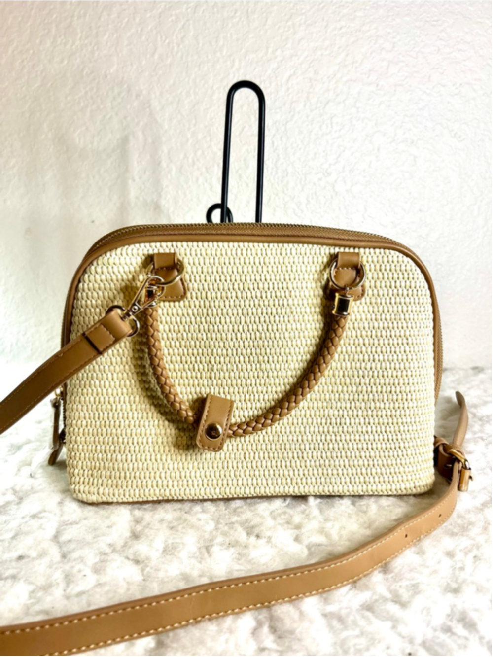 MIZTIQUE Raffia Dome Satchel In Cream and Brown Trim